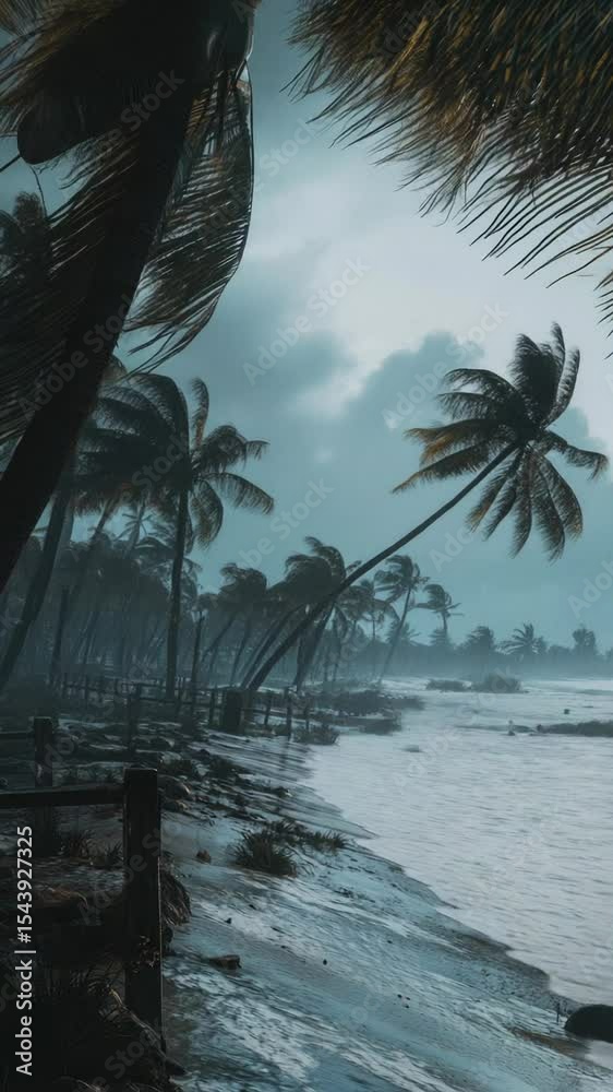 Poster a beach scene with palm trees standing tall on a cloudy day