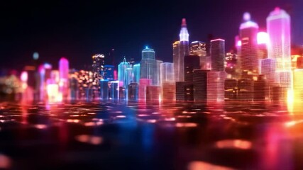 Futuristic Neon Wireframe Cityscape in Electric Blue and Hot Pink Lighting - Powered by Adobe