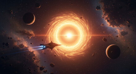 Spaceship Entering a Fiery Cosmic Wormhole A Journey Through the Nebula