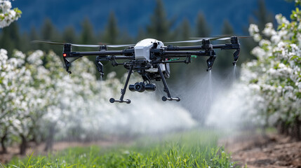 Drone with spraying nozzles releases bio-pesticides over an apple orchard, with blooming trees and green grass below on a sunny spring day