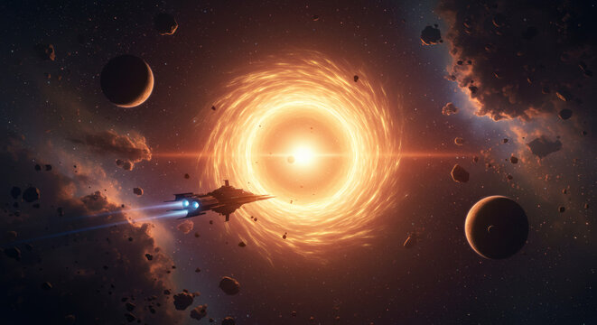 Spaceship Entering a Fiery Cosmic Wormhole A Journey Through the Nebula - Powered by Adobe