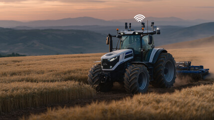 A sleek autonomous tractor equipped with multiple sensors and cameras plowing a vast golden wheat field at dawn, precision GPS guiding its path flawlessly
