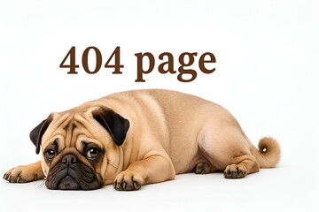 Cute Sad Pug Dog with Big Eyes Lying on White Floor Below 404 Page Text as Funny Error Page Concept for Pet or Humor-Based Website