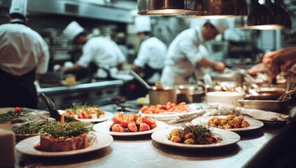 A group of chefs are preparing food in a kitchen