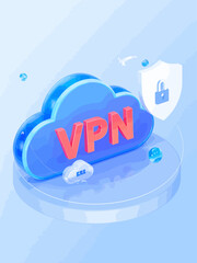 Cloud computing concept with vpn text in red on blue cloud icon for internet privacy and security technology