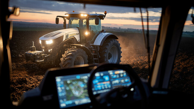 A large self-driving tractor with glowing LED status lights navigating a muddy field after rain, tractorâs digital dashboard visible through transparent panels