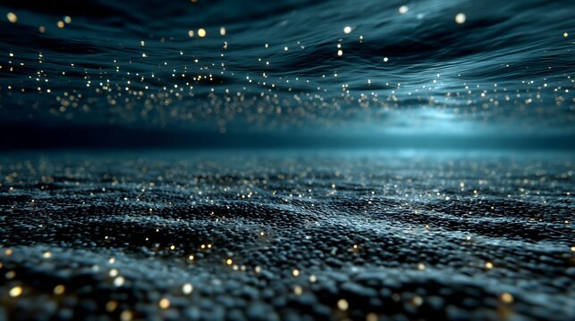 Realistic marine scene showing chain reaction of bioluminescent light disturbed plankton swarm natural underwater illumination from motion