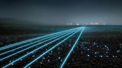 Realistic long exposure image of bioluminescent firefly courtship display pulsed light signal synchronized over open field