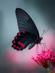 Elegant Black Butterfly on Pink Flower - A close-up of a black butterfly with red spots, delicately perched on a vibrant pink flower. Soft background