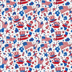Obraz premium A festive 4th of July pattern featuring cartoon rockets, flags, and patriotic hats on a blue background, perfect for celebrations 