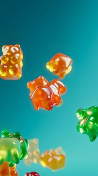 A gummy bears dropping, brightly lit against a vibrant blue backdrop, showcasing playful candy shapes and vivid colors clip
