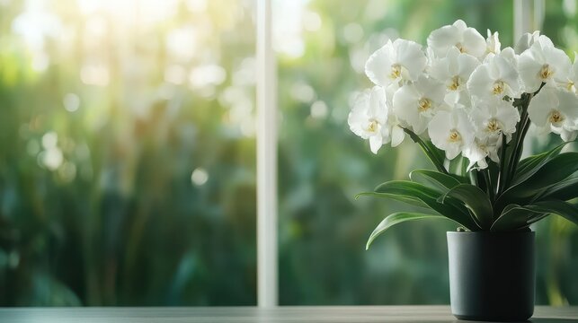 An elegant display of white orchids in a pot, set against a soft green background, showcasing their refined beauty and perfection, ideal for home décor or gifts. - Powered by Adobe