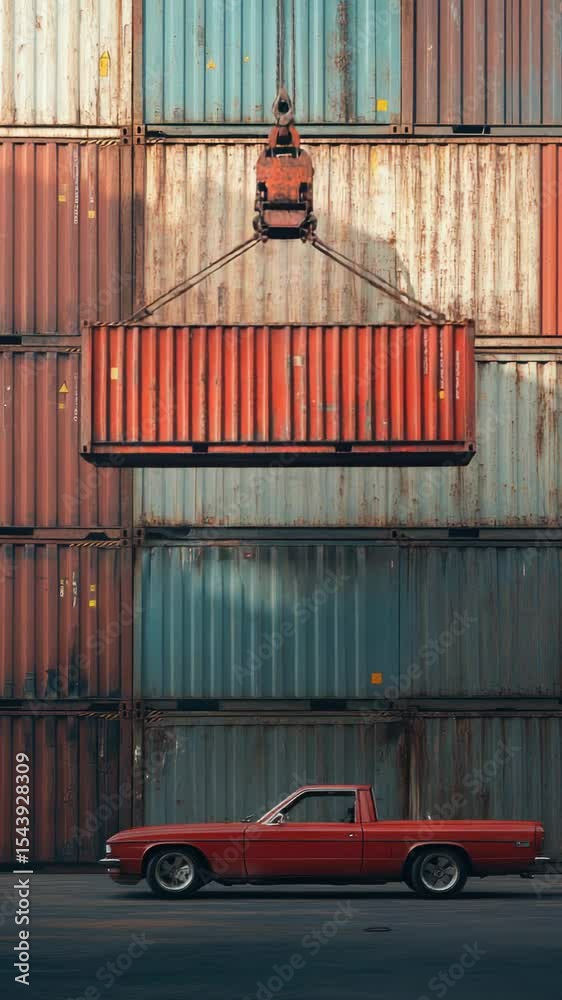 Poster A red car parked in front of a shipping container, perfect for use as a background or prop in a variety of scenes