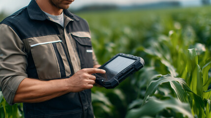 A close-up of a farmerâs hand tapping commands on a rugged smart device, controlling irrigation while standing amidst lush green crops