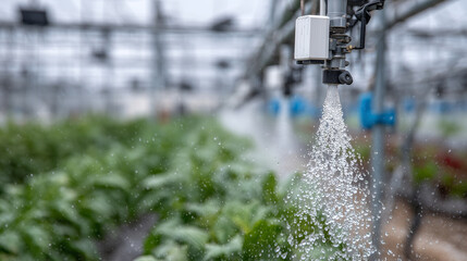Close-up of water droplets on smart irrigation nozzles, with a blurred background of sensors and wireless communication antennas