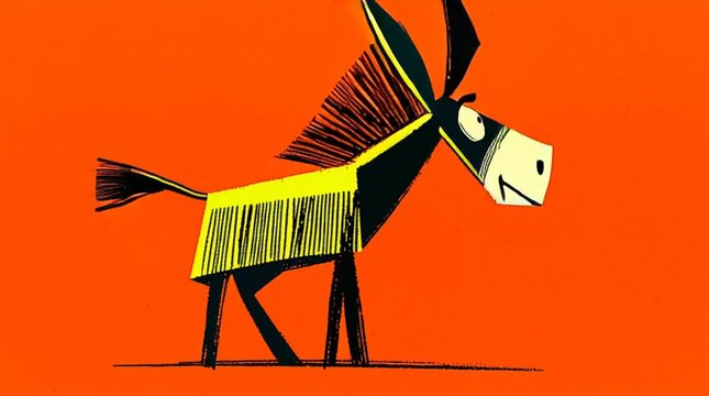 A cartoon footage of a smiling donkey in geometric style, set against a vibrant orange backdrop for playful design use