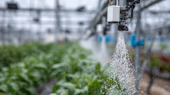 Close-up of water droplets on smart irrigation nozzles, with a blurred background of sensors and wireless communication antennas