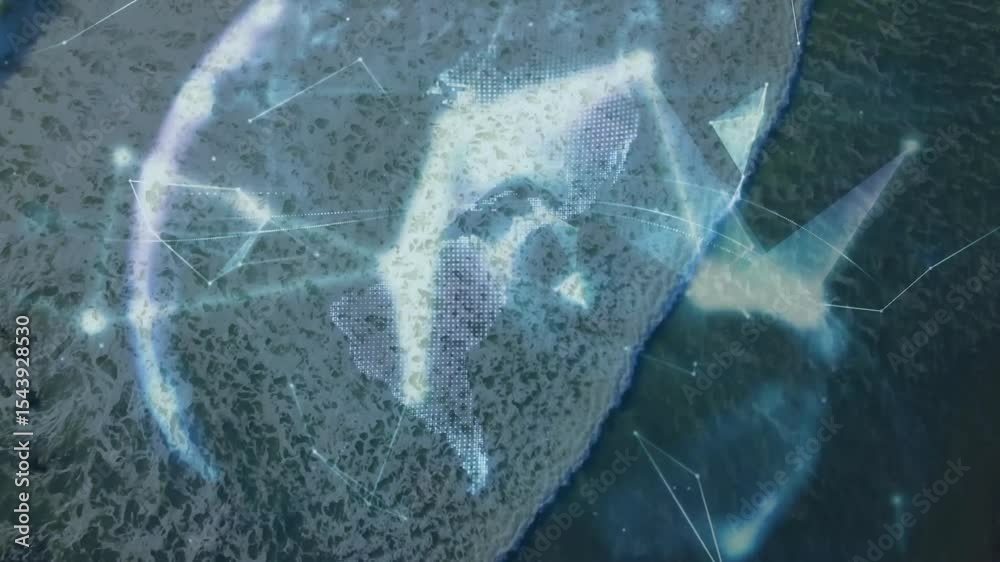 Poster churning waves sending mesh converging into digital globe pulsing above hand for data visualization
