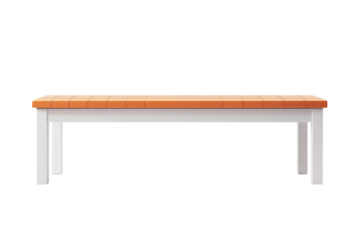 White wooden bench with an orange leather top, against a white background, front isometric isolated on a transparent background in PNG format