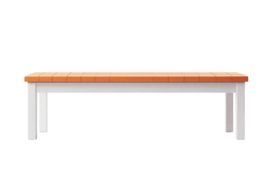 White wooden bench with an orange leather top, against a white background, front isometric isolated on a transparent background in PNG format