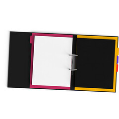 A colorful binder with blank pages, ideal for organizing documents or notes.