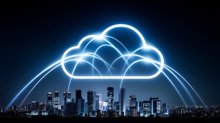 Global Cloud Network and Cityscape - Illuminated cloud icon over a cityscape at night, symbolizing global connectivity and data transfer