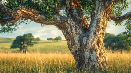 Fototapeta premium Majestic Ancient Tree in Golden Meadow
