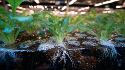 Close-up of roots immersed in hydroponic nutrient solution with visible oxygen bubbles, supporting vigorous plant growth in a vertical farm