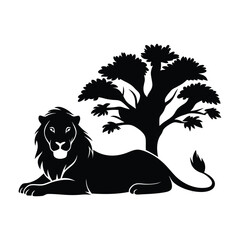 Majestic Lion Silhouette Under Tree Vector Art