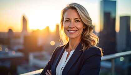 Confident businesswoman sunset city.