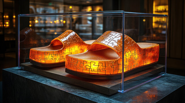 Ornate orange sandals in acrylic display case - Powered by Adobe