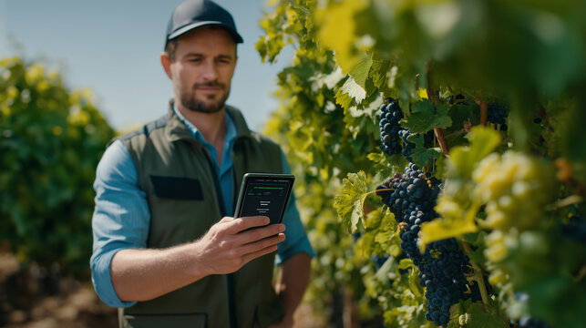 Farmer in casual clothes holding smartphone with AI app in vineyard, augmented reality highlights grape clusters and advises on ripeness level - Powered by Adobe