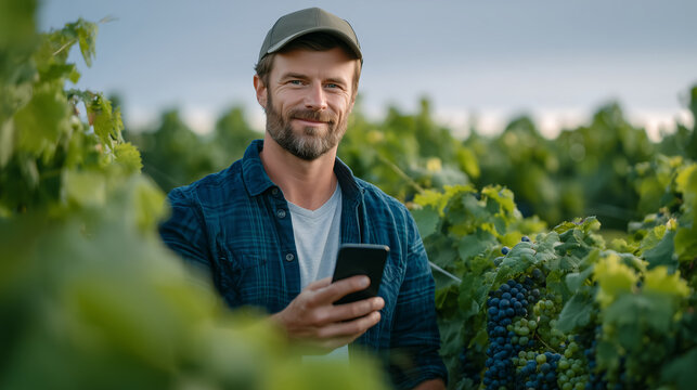 Farmer in casual clothes holding smartphone with AI app in vineyard, augmented reality highlights grape clusters and advises on ripeness level