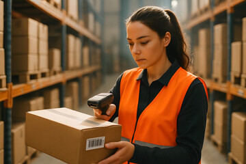 A diligent woman in her late 20s, wearing an orange safety vest, scans a package in a warehouse with shelves of boxes in the background