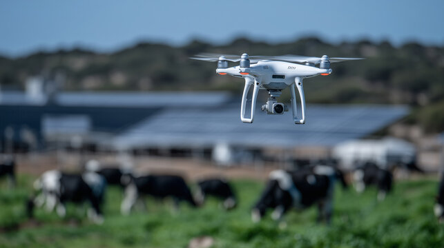 Drone flying over a sustainable livestock farm with solar panels, feeding systems, and animals grazing freely in green pastures under blue sky