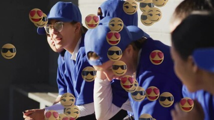 Upon baseball team settling on dugout bench, fan emojis drifting around players showing support - Powered by Adobe