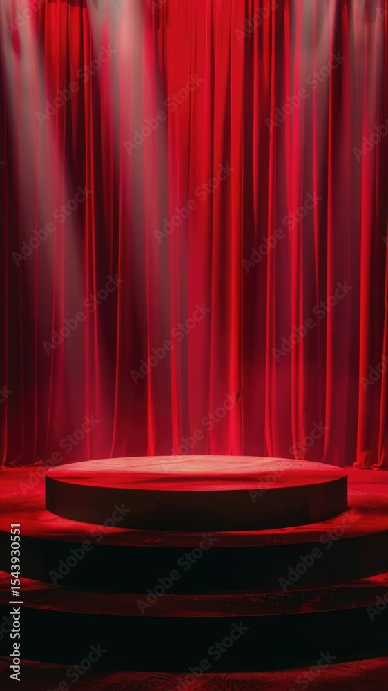 Poster a dramatic stage setup with a red curtain and spotlights, ideal for events or performances