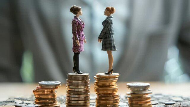 Gender pay gap concept with two businesswomen dolls on stacks of coins, financial inequality, wage disparity, studio shot