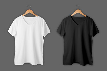 Front side of male white and black cotton t-shirt on a hanger mockup isolated on background. T-shirt without print and copy space for your text.3d rendering.