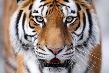 Naklejka premium Majestic Siberian Tiger Portrait - Close-up of a Siberian tiger, showcasing its intense gaze and striking orange and black stripes. A powerful of wildlife