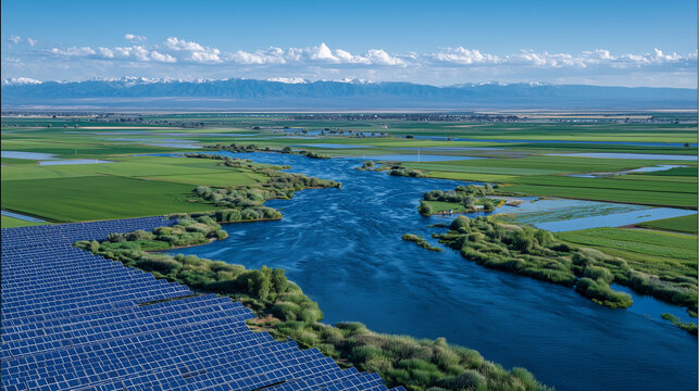 Aerial view of a modern farm integrating large solar panel arrays alongside eco-friendly irrigation systems, green fields stretching toward the horizon