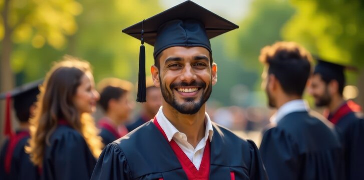 Handsome Indian graduate in graduation ceremony with friends , Student life, Indian culture, Joyful occasion