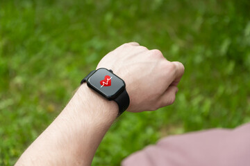 Smart watch on hands of athlete for sports workout, heartbeat info or fitness progress on app....