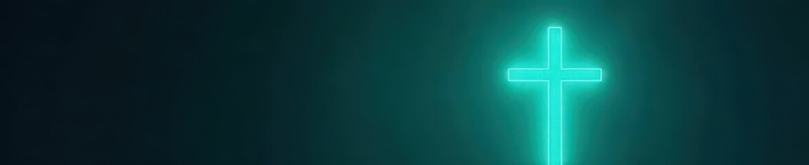 Fototapeta premium Teal neon cross glowing vibrantly against a dark backdrop , faith, energy