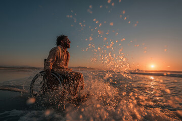 Man with prosthetic leg joyfully enjoying waves at sunset by the beach