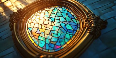 Soft-edged stained window with Roman mirror frame diffusion glow