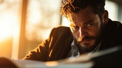 A close-up of a man lost in deep thought, showcasing intense emotions and expression, perfect for themes of introspection, concentration, and human experience.