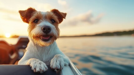 A cheerful dog relaxes on the edge of a boat as the sun sets, embodying the joys of companionship, freedom, and the simple pleasures of outdoor adventures.