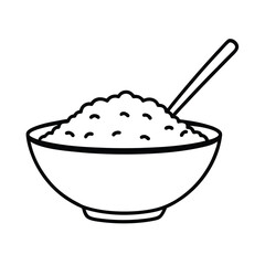 Chinese fried rice in bowl with spoon line art Vector illustration