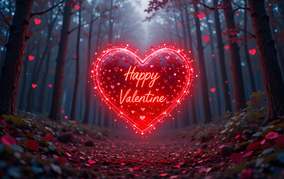 Happy Valentine's Day. A glowing red heart surrounded by soft lights in a peaceful forest setting.